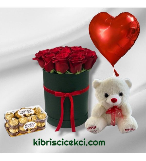 Kutuda 11 Kırmızı Gül Ayıcık 16'lı Ferrero Çikolata Kalp Helyum Balon